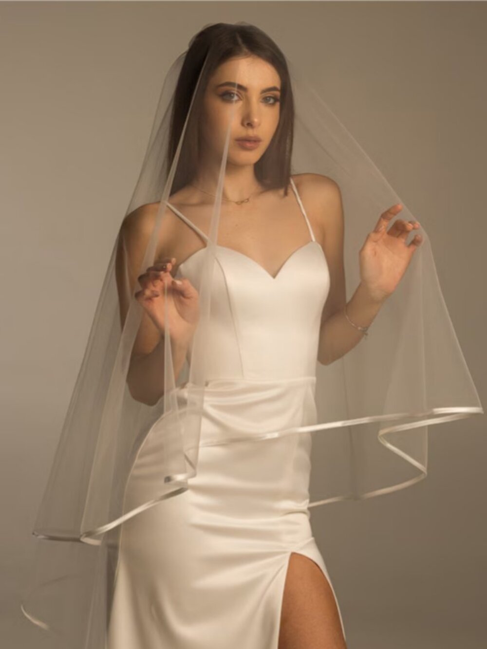Light Ivory 2 Tier Wedding Veil 90in Chapel Length Satin Edge Blusher
